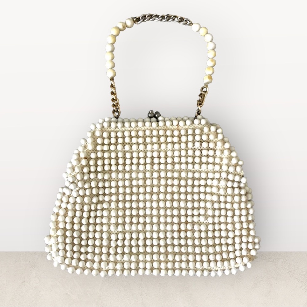 Vintage Beaded Hinged Clutch with Clasp Closure, Cream
